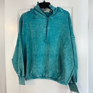 NEW Zenana acid wash teal kangaroo pocket hoodie 1/2 zip